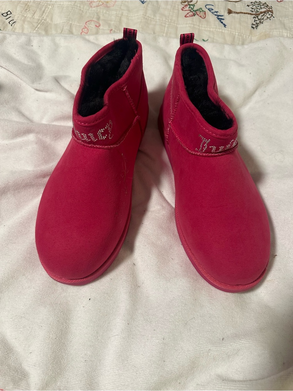 Juicy Couture Pink Suede Ankle Booties with Rhinestone Logo